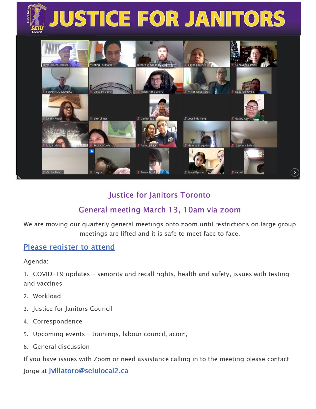 Read more about the article Justice for Janitors Toronto General Membership Meeting